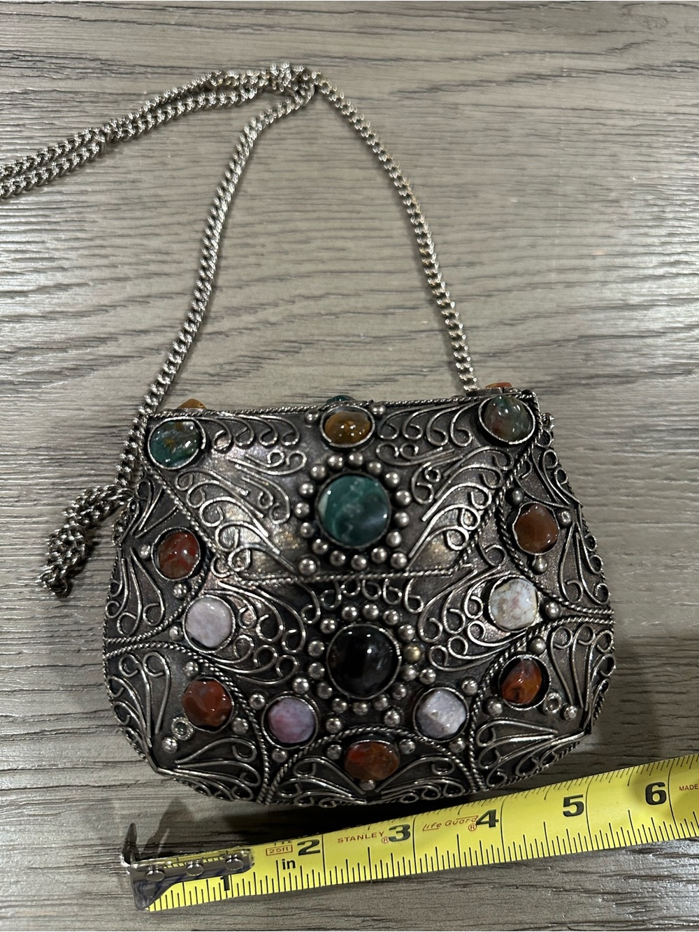 Vintage Sajai Filigree Metal Purse with Agate Stones